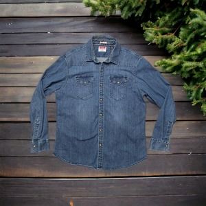 Wrangler Shirt Men's Extra Large Blue Denim Pearl Snap Work Western Cowboy